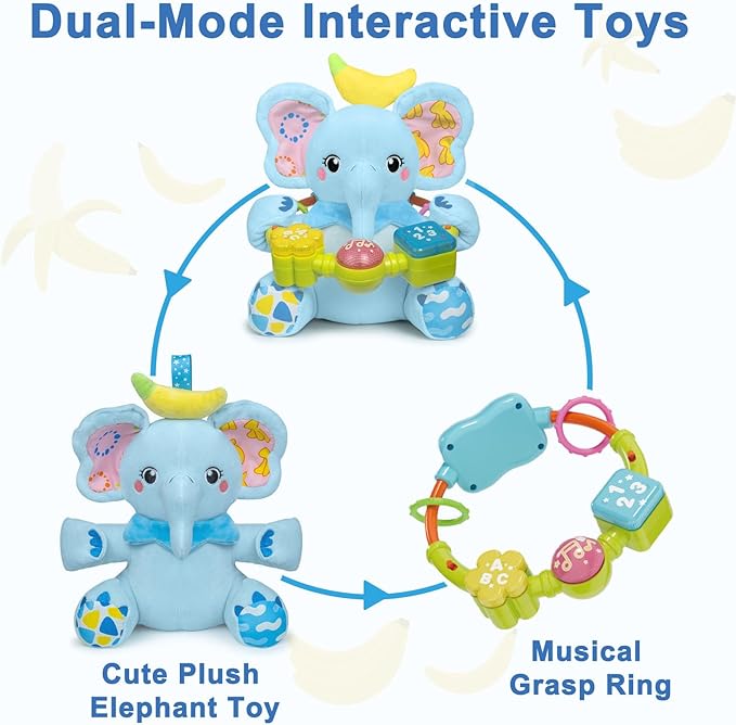 Baby Elephant Musical Stuffed Animals Toy with Light-Up Music & Crinkle,Infant Bilingual Early Learning Education Toys,1st Easter Basket Shower Stuffers for 0-3-6-12+ Months Boy Girl Gifts,Blue-CubbioJoy