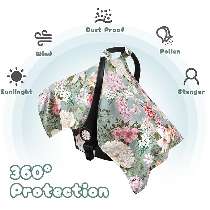 Car Seat Cover Baby, Flroal Infant Car Seat Canopy Covers for Newborn Girls Boys, Soft Breathable Minky Carseat Covers Stretchy Multi-Use Nursing Cover for Stroller Baby Car Seat, Green Leaf-CubbioJoy