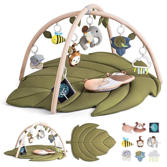 Infant Activity Center for Newborn to Develop Motor Cognition Leaves Leaf-Shaped Baby Play Gym & Activity Mat Extra Large Tummy Time Mat with 8 Detachable Toys-CubbioJoy