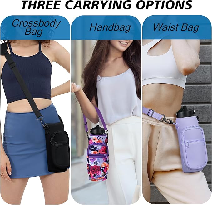 32 40 oz Water Bottle Carrier with Strap, Neoprene Water Bottle Sleeve Bag with 2 Pockets Insulated Flask Sling Holder for Walking Hiking Gym-CubbioJoy