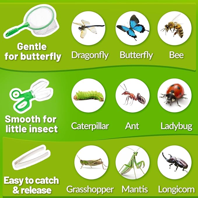 2 Set Bug Catcher for Kids- Educational Bug Catching Kit Including Butterfly Net, Insect Clip, Tweezer, Outdoor Toys for Kids Ages 3-10 (Pink & Green)-CubbioJoy
