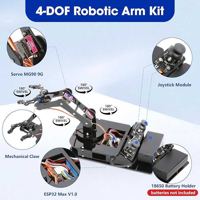 4DOF Robotic Arm Kit for Kids Compatible with Arduino IDE, Programming ESP32 Smart Robot Arm Building Kit STEM Educational Desktop Toy with Joystick and Web App Control for Children Ages 8+ and Adults-CubbioJoy