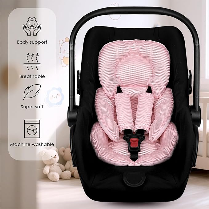 Infant Car Seat Insert for Newborn Girls Boys, Summer Mesh Baby Carseat Head Support with Strap Pads, Soft Reversible Baby Car Seat Insert Cushion Pad for Car Seat, Stroller, Bouncer, Swing, Pink-CubbioJoy