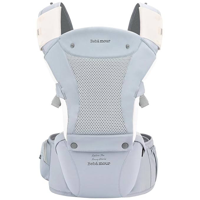 Bebamour Baby Carrier with Hip Seat,All-Position Breathable Mesh Hip Seat & Carrier 0-36Months with Head Hood, 3 PCS Teething Pads, Waist Extender,Storage Bag & Pacifier Case (Blue)-CubbioJoy