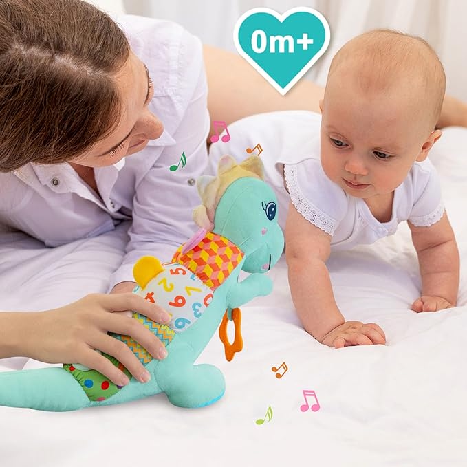 Baby Dino Plush Soft Stuffed Animal Toy for 0-3-6-12+ Months,Infant Musical Toy with Rattle,Squeaker,Sensory Crinkle,Teether & Textures,Tummy Time Toys Christmas Baby Gift for Newborn Girl Boy (Blue)-CubbioJoy