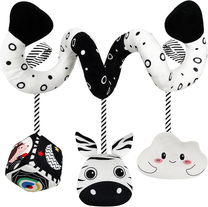 Car Seat Toys for Babies 0-6 Months,Hanging Rattle Toys for Crib Mobile, Baby Spiral Hanging Stroller Black and White High Contrast Toys for Newborn 0 3 6 9 12 Months Baby Boys Girls (Zebra)-CubbioJoy