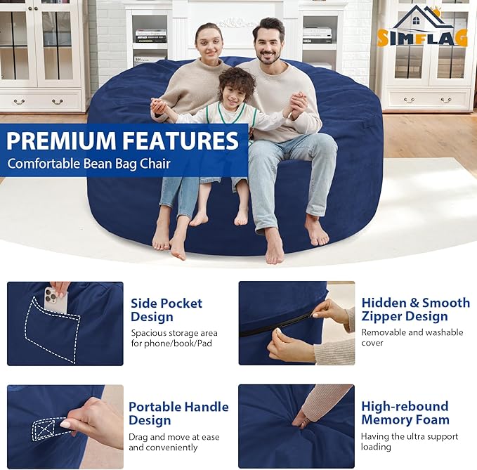 5FT Bean Bag Chair, Large Bean Bag Chairs with Memory Foam Filled, Fluffy Beanbag Sofa with Dutch Velvet Cover, Round BeanBag Chairs for Living Room, Playroom - Blue-CubbioJoy