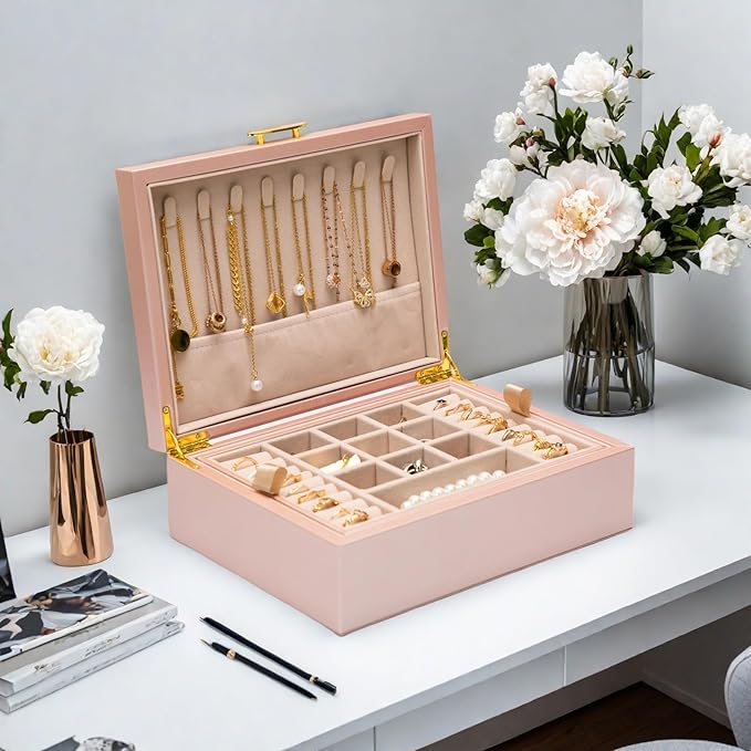 2-layer jewelry box，Jewelry Organizer with Handle，with hanging necklace hooks, detachable jewelry trays, suitable for storing a large amount of jewelry gift box (rose gold)-CubbioJoy