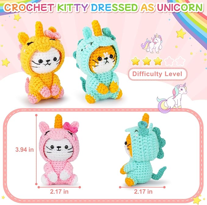 Crochet Kit for Beginners - 3 PCS Unicorn Cat Crochet Kits with Step-by-Step Video Tutorials, Beginner Crochet Kit for Adults Kid, Crochet Animal Kit for Starters, Cat Dressed as Unicorn Set-CubbioJoy