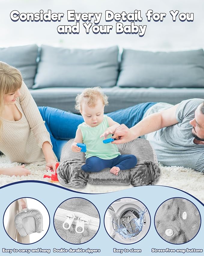 Baby Lounger Pillow : 3-in-1 Infant Lounger for Newborn 0-24 Months, Portable Tummy Time Mat for Home and Travel, Breathable & Soft Baby Seat for Baby, Babies Essentials Gifts, Grey-CubbioJoy