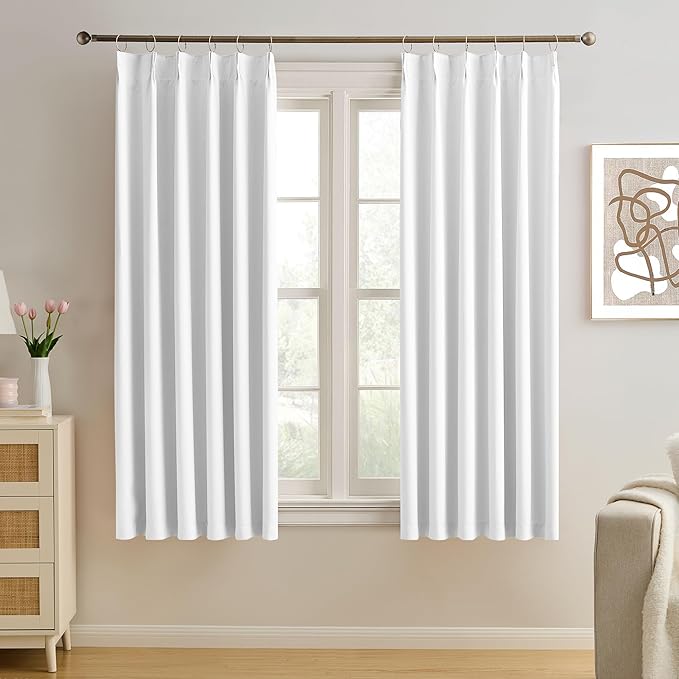KEQIAOSUOCAI Pleated White Curtains 63 Inches Long,Half Blackout Room Darkening Short Window Curtain 63 Inch Length 2 Panel Set,Pinch Pleated Curtains with Hooks,40 by 63,Set of 2-CubbioJoy