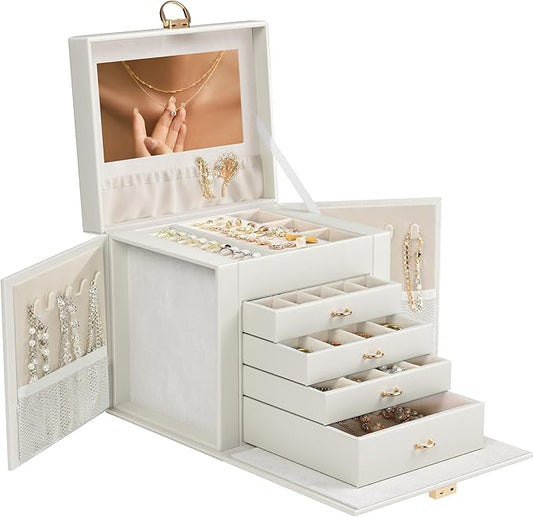 5-Layer Jewelry Box with 4 Drawers, Huge Portable Jewelry Organizer with Lock and Mirror for Women, for Necklace Ring Earring Bracelet Storage, Lockable Jewelry Case, White-CubbioJoy