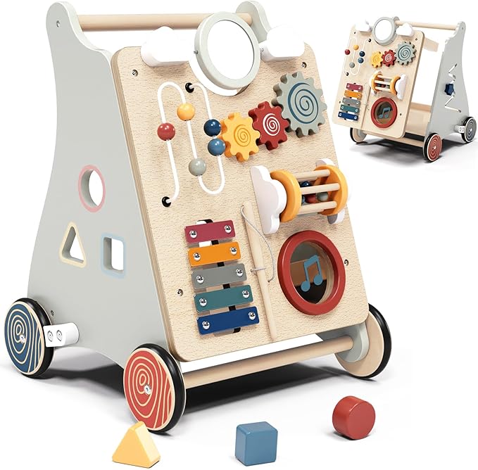 Baby Push Walker with Detachable Busy Board, Wooden Baby Walker with Adjustable Speed Wheels, Montessori Push Walker for Babies, Push Walking Toys for Boys & Girls 1 Year Old, Gifts for Toddler-CubbioJoy