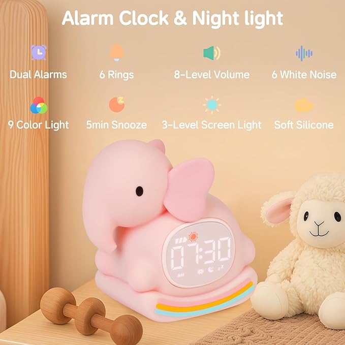 Alarm Clock for Kids with Night Light, Sleep Training Clock Time to Wake Clock, Rechargeable Silicone Light for Bedroom, Perfect Sleep Companion for Boys Girls, Pink Elephant-CubbioJoy