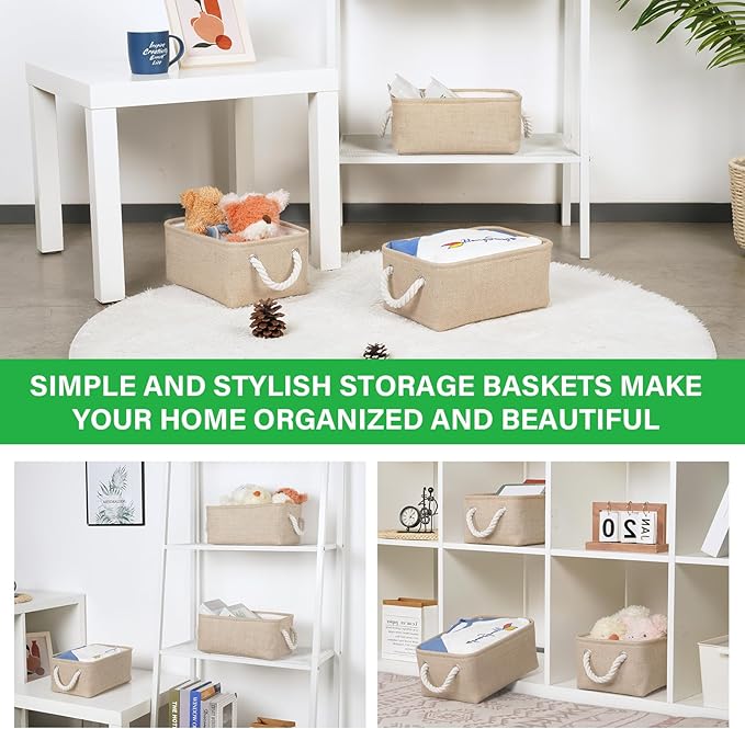 Bidtakay Small Storage Baskets for Shelves 3 Pack Fabric Storage Bins for Organizing Linen Collapsible Organizer for Closet-Flaxen-CubbioJoy