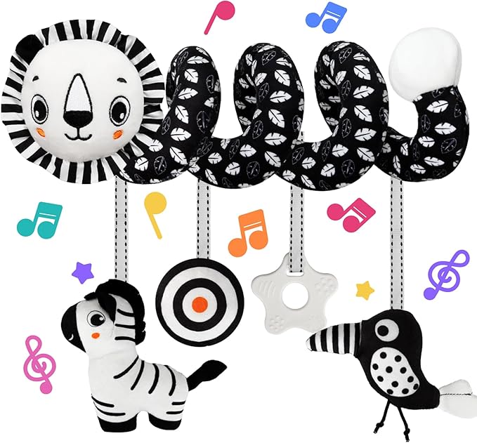 Car Seat Toys for Babies 0-6 Months,Hanging Rattle Toys for Crib Mobile, Baby Spiral Hanging Stroller Black and White High Contrast Toys for Newborn 0 3 6 9 12 Months Baby Boys Girls (Lion)-CubbioJoy