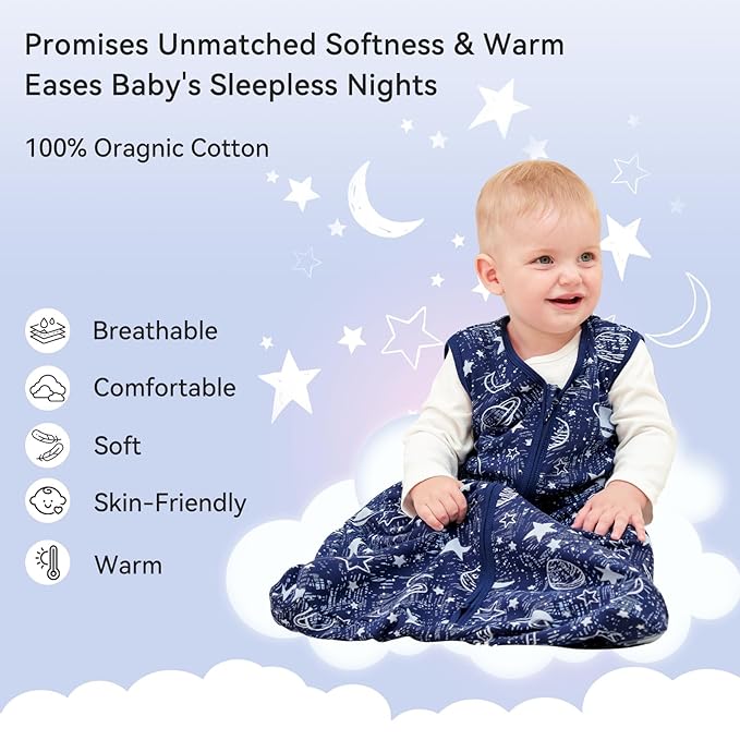 Baby Sleep Sack 6-12 Months 3 Pack 100% Cotton Lightweight 0.5 TOG Wearable Blanket Baby Sleep Bag with 2-Way Zipper for Newborn Infant Blue-CubbioJoy