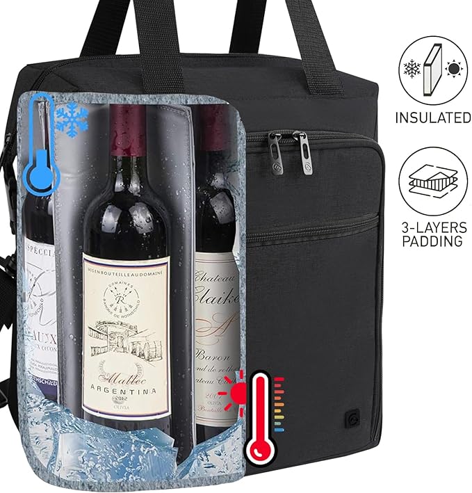 ALLCAMP 6 Bottle Wine Gift Bag - Insulated Tote Cooler, Adjustable Strap, Includes 6 Wine Glasses, Napkins & Corkscrew, Portable Travel Gifting(Black)-CubbioJoy