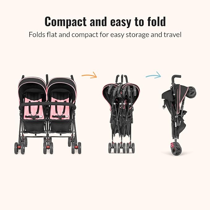 Dream On Me Volgo Twin Umbrella Stroller in Pink, Lightweight Double Stroller for Infant & Toddler, Compact Easy Fold, Large Storage Basket, Large and Adjustable Canopy-CubbioJoy