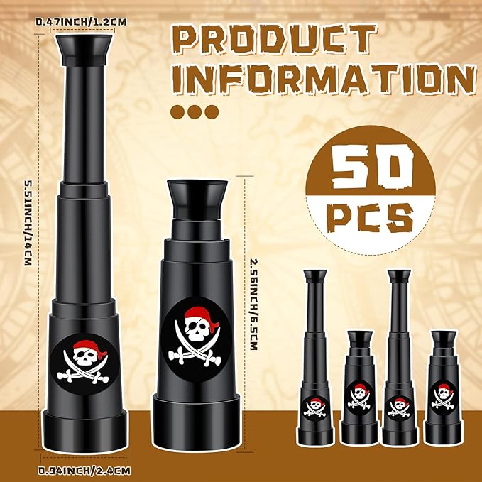 50 Pcs Halloween Pirate Telescope Bulk Pirate Party Favors Mini Plastic Monocular Telescope Toddler Spyglass Toy for Treasure Pretend Cosplay Birthday Party Black 2.6" to 5.5"-CubbioJoy