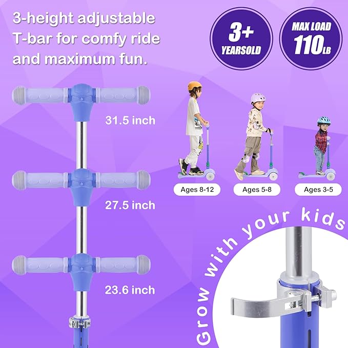 3-Wheel Light-Up Kids Scooter, 20 Different Light Patterns,Three Adjustable Heights,Lean to Steer, Balance Scooter for Ages 3-8-CubbioJoy