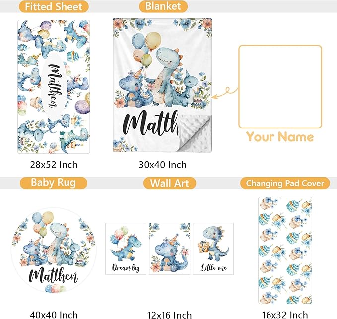 Custom Baby Crib Set - 5 Pcs Personalized Name Blue Dinosaur Crib Bedding Set for Infants Toddlers - Soft Double Layer Nursery Bedding Set for Boys - Customized Gifts for Baby Shower Birthday-CubbioJoy