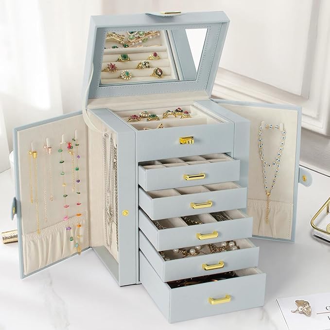 AKOZLIN Functional 6-Tier Jewelry Box Organizer with 5 Drawers Leather Jewelry Storage Case for Women Girls Ring Necklace Earring Bracelet Holder Organizer with Mirror Grey-CubbioJoy