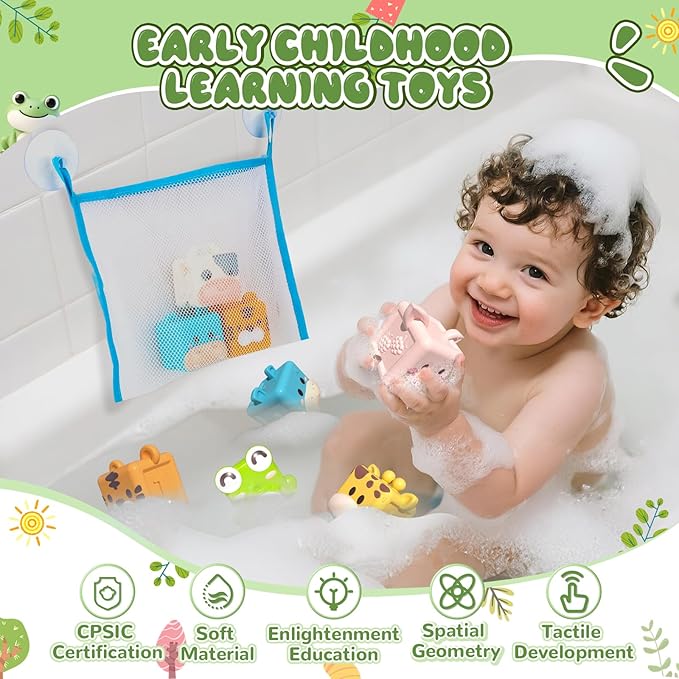 Animal Soft Gel Stacking Block Set Soft Silicone Baby Blocks Toys for 18 Months to 3 Years Old Early Learning Touch Bath Educational Toys with Numbers Animals Fruits Texture-CubbioJoy