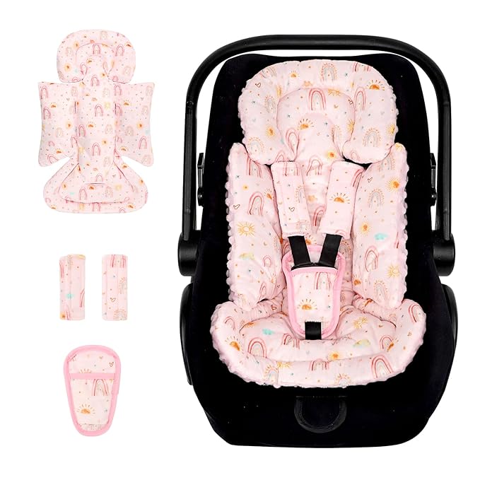 Infant Car Seat Insert and Strap Covers, Very Soft Car Seat Head Support Baby Girl Boy, Reversible Newborn Carseat Insert Cushion Fits for Stroller, Baby Swing, Bouncer (Pink Rainbow)-CubbioJoy