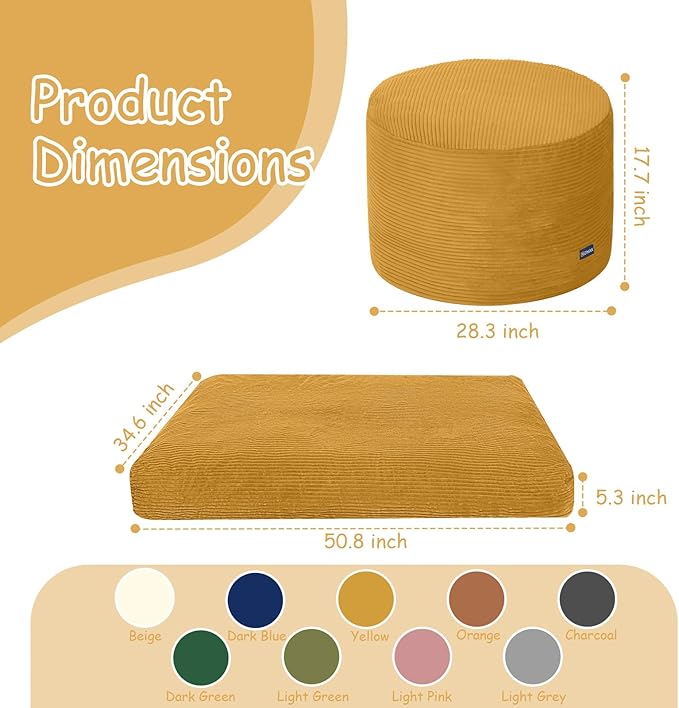 COMAX Kids Bean Bag Chair Turn into Beanbag Bed, Toddler Bean Chair Corduroy for Girl Boy Sleeping, Lazy Children Bean Bags with Filler, Convertible Child Floor Mattress, Yellow-CubbioJoy