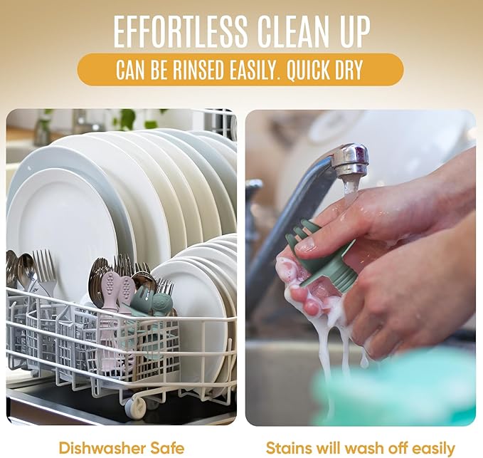 4pc Silicone Baby Spoons Self Feeding Baby Utensils 6-12 Months - 3 Baby Spoon - 1 Baby Fork - Toddler Cutlery Set - BPA Free, Dishwasher Safe, Baby Eating Essentials (Light pink/Army Green)-CubbioJoy