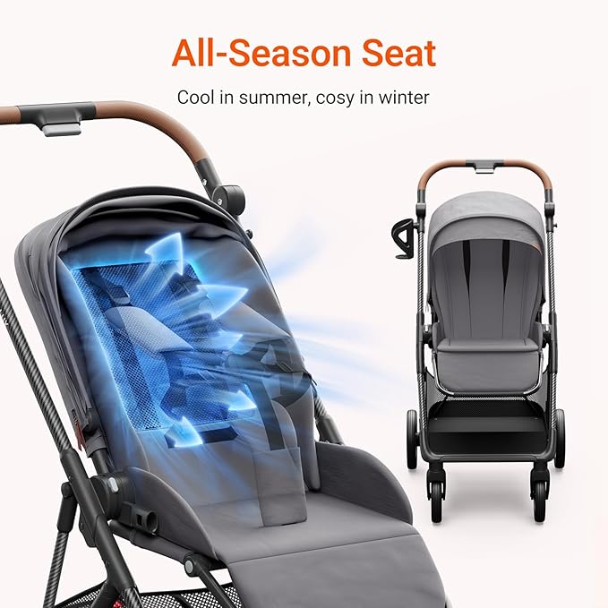 Air Lux Baby Stroller with Carbon Fiber Frame, One-Hand Fold & Reversible Seat, Magnetic 5-Pt Harness, Car Seat Adapter, 15.8lbs, Cinder-CubbioJoy
