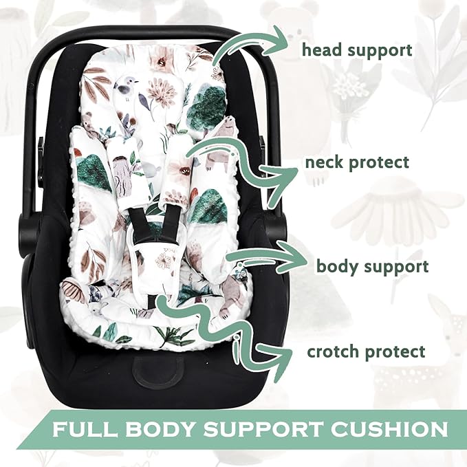 Infant Car Seat Insert and Strap Covers, Very Soft Car Seat Head Support Baby Girl Boy, Reversible Newborn Carseat Insert Cushion Fits for Stroller, Baby Swing, Bouncer (White Animals)-CubbioJoy