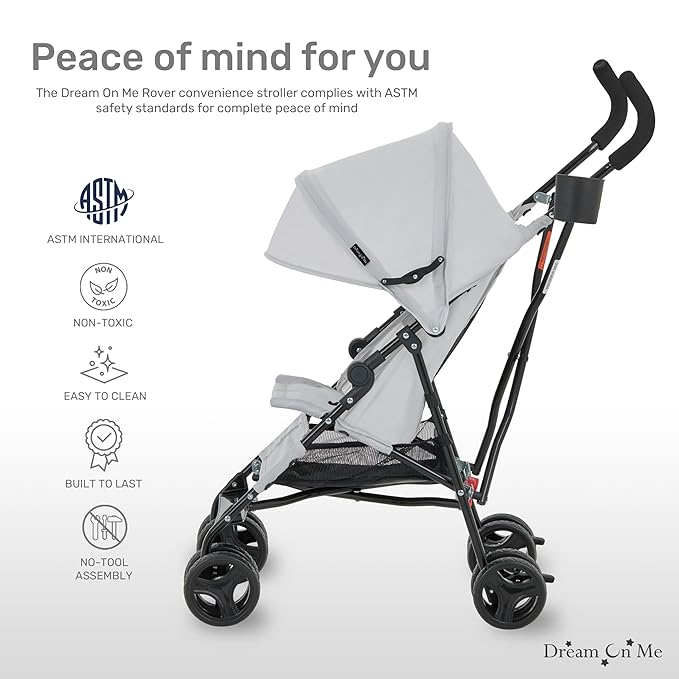 Dream On Me Rover Convenience Baby Stroller in Gray, Lightweight & Compact Umbrella Stroller, Easy one-Hand fold Travel Stroller, Lockable Rear Wheels, Removable & Adjustable Canopy-CubbioJoy