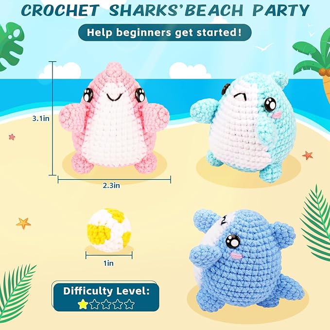 Crochet Kit for Beginners -3 PCS Sharks with a Ball Crochet Kit with Step-by-Step Video Tutorials, Beginner Crochet Kits for Adults Kids, Crochet Animal Kit, Shark Beach Party Crocheting Set-CubbioJoy