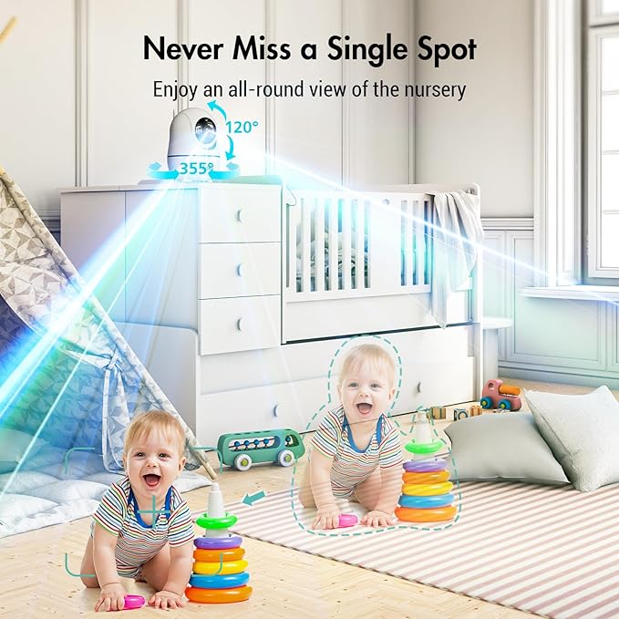 7" 1080P Full HD Video Baby Monitor No WiFi,100 Hrs 5000mAh Battery Runs 4 Days,4X Zoom,Remote 355° Pan-Tilt,2-Way Talk with Temp Alert/Lullabies/VOX-CubbioJoy