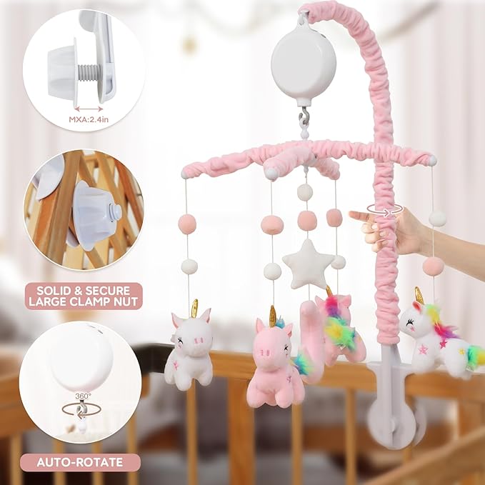 Baby Crib Mobile - Unicorn Crib Mobile for Girls with 25 Inches Mobile Arm and 35 Lullabies Musical Box, 3 Modes Digital, Volume Control, Essential Gift for Infant Bedroom Hanging Decor-CubbioJoy