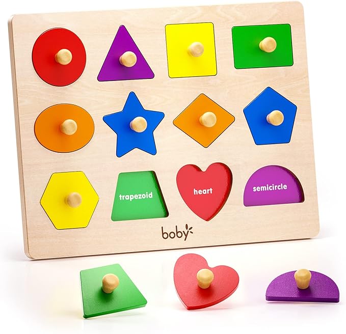 Boby Shape Color Puzzle for Toddlers 1-3, Montessori Learning Toys for 1 + Year Old Girl, Jumbo Knob Wooden Pegged Chunky Shapes Puzzles for Kids Ages 3, Baby Educational Toys 12-18-24 Months Boys-CubbioJoy