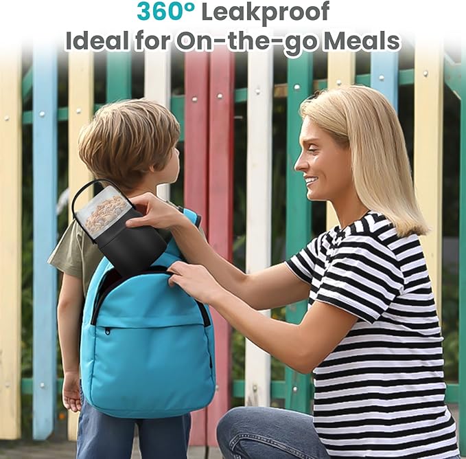 2-in-1 Insulated Food Jar & Snack Container - 15oz Kids Soup Thermos for Hot Food with Handle and Spoon, Leak Proof Reusable Toddler Snack Box, Perfect for School & Travel, Black-CubbioJoy