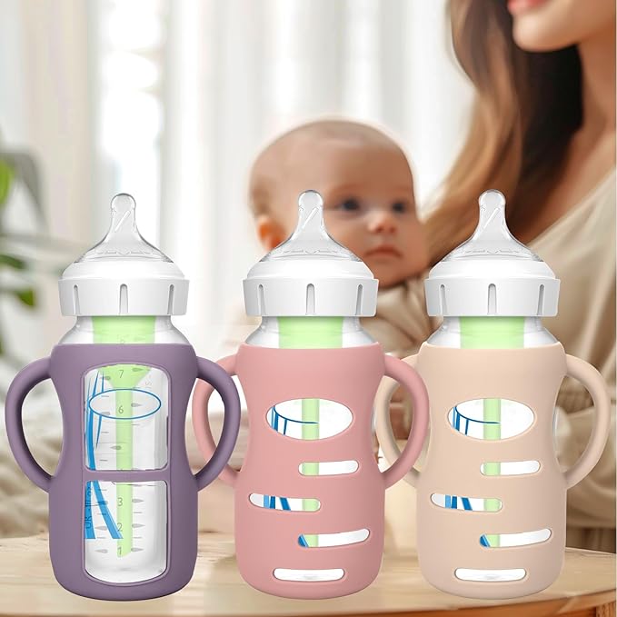 BUSOHA 3 Pack Silicone Sleeves for Dr. Brown's Glass Baby Bottles - Drop Protection Baby Bottle Sleeves Compatible with Dr. Brown's Newborn Glass Bottles with Silicone Handles,9oz-CubbioJoy
