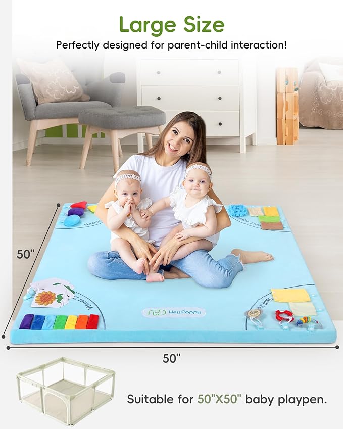 Baby Play Mat, 50''x50'' Playpen Mats with 4 Sensory Development Zones for Motor Skills, Unique Crawling Mats with Non-Slip Cushioned that Fits Nicely into Any Playroom, Blue-CubbioJoy