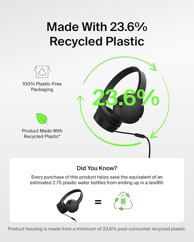 Belkin SoundForm Mini Kids Wired Headphones w/USB C to 3.5mm Dongle, Built-in Mic & Fun Stickers, 85dB Max Volume – for Online Learning, Travel, Compatible w/iPhone 16, iPad, Galaxy S25, etc - Black-CubbioJoy