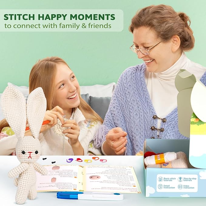 Crochetta Crochet Kit for Beginners, Crochet Starter Kit w Step-by-Step Video Tutorials, Beginner Crochet Kit Knitting Supplies for Adults Kids, Crochet Bunny(40%+ Yarn)-CubbioJoy