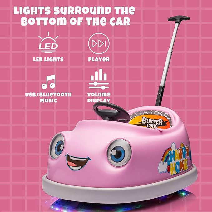 12V Dual Battery Electric Ride on Kids Bumper Car w/Remote Control,360 Degree Spin,Push Rod Rocker Horse Function,3-Speeds Babies & Toddlers Bumping Car Ride on Toy Gift for 1-4 Years Children (Pink)-CubbioJoy