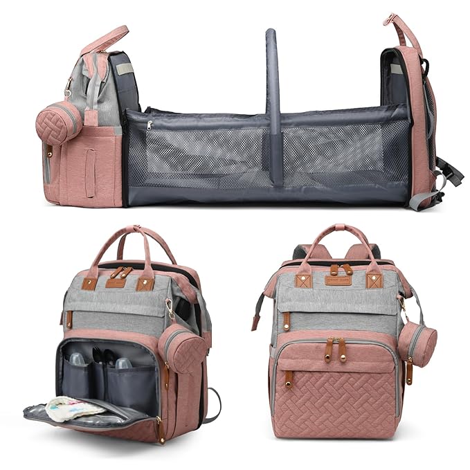 Jeryswet Baby Diaper Bags with Changing Station, Waterproof Large Capacity Diaper Bag Backpack for Moms Dads with USB Charging Port and Stroller Straps, Baby Shower Gifts, Pink-Grey-CubbioJoy