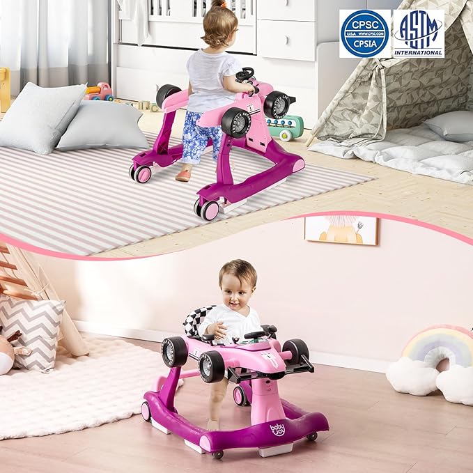 BABY JOY 4-in-1 Baby Walker, Foldable Activity Walker with Adjustable Height & Speed, Music, Lights, Steering Wheel, Comfy Seat Cushion, Activity Baby Push Walker for Boys Girls Aged 6 –18 (Purple)-CubbioJoy