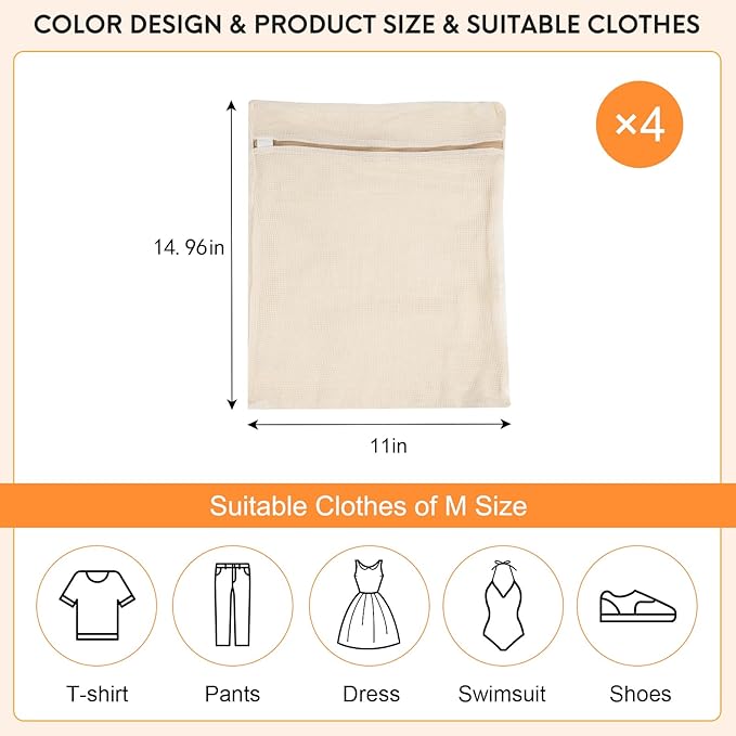 4-Piece Medium Durable Organic Cotton Mesh Laundry Bags with Sturdy Zippers and Breathable Mesh are Delicate Laundry Bags for Underwear, Clothes, Pants and Socks-CubbioJoy