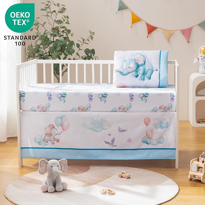 4 Piece Crib Bedding Set for Boys Girls, Infant Toddler Nursery Baby Bedding Sets Includes Cartoon Quilt, Fitted Crib Sheet, Crib Skirt and Plush Elephant Toy-CubbioJoy
