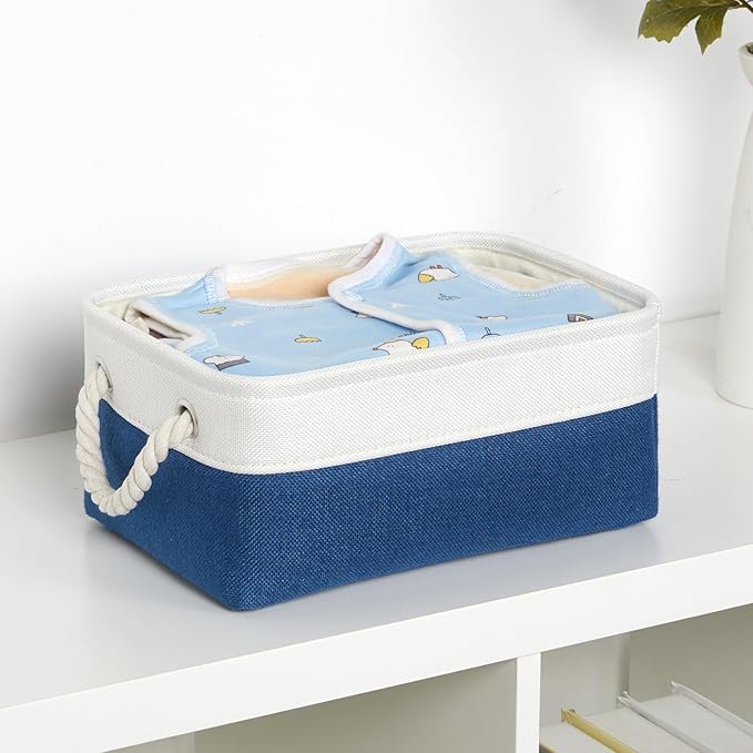 Bidtakay Small Storage Baskets for Shelves 3 Pack Fabric Storage Bins for Organizing Linen Collapsible Organizer for Closet-White&Blue-CubbioJoy