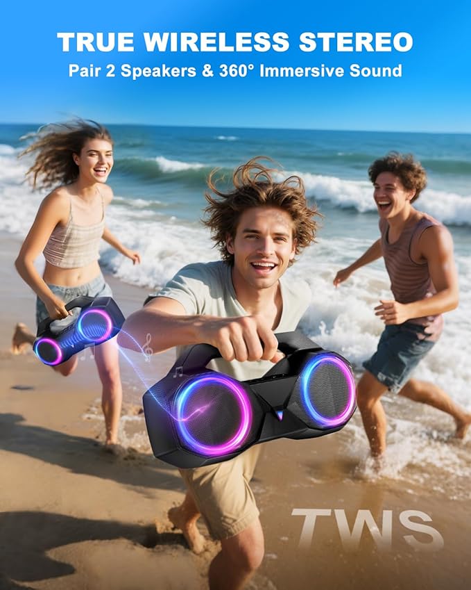 Bluetooth Speaker 80W(Peak)Loud with Bass, 20H Playtime, IPX7 Waterproof, RGB Lights, TWS, Large Portable Wireless Speakers for Outdoor, Home, Party, Pool, Beach, Tailgating, Gym, Work, Gifts (Black)-CubbioJoy